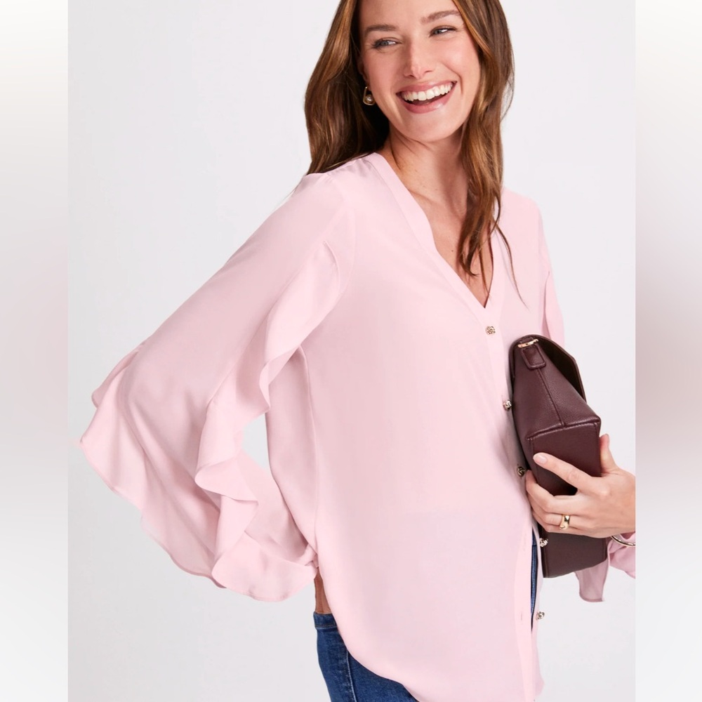 Laura Ruffle Sleeve Button Up Blouse Rose Quartz Pink